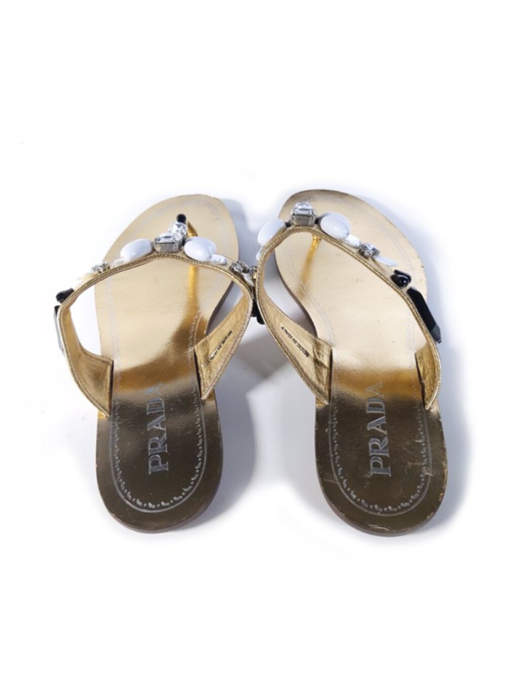 Prada Flat Leather Thong Sandals in Gold with Rhinestones Womens Size 7 - Picture 7 of 14